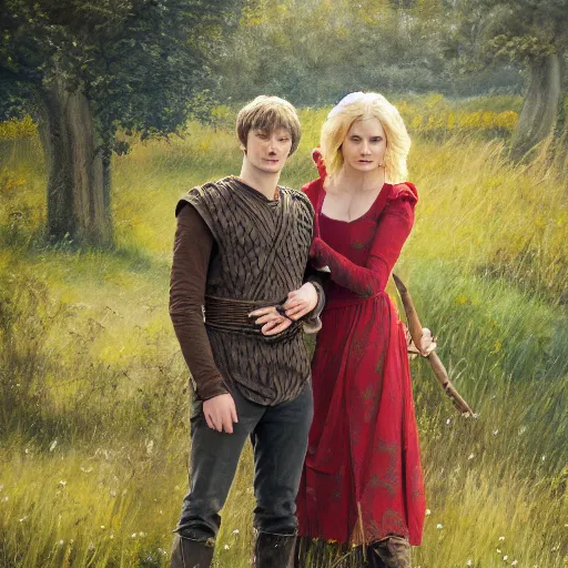 Prompt: bradley james and colin morgan, 2 guys only. from the television show merlin ( 2 0 0 8 ). in a beautiful meadow in love and happy ; high - detailed oil painting by igor sychev, trending on artstation, masterpiece, 4 k