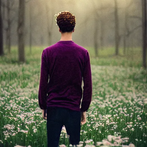 Prompt: kodak portra 4 0 0 photograph of a skinny guy standing in field of dead trees, flower crown, back view, moody lighting, moody vibe, telephoto, 9 0 s vibe, blurry background, vaporwave colors, faded!,