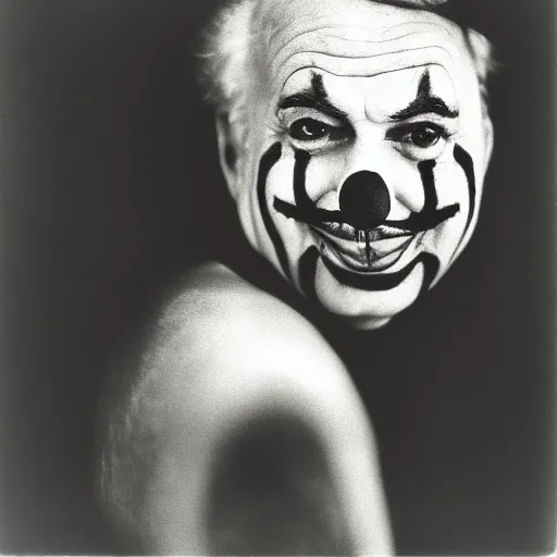 Image similar to portrait of clown by diane arbus, black and white photography