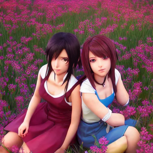 Prompt: aerith and yuffie from final fantasy 7 remake by ross tran, sitting in a flower field by ilya kuvshinov, rtx reflections, maya, extreme high intricate hyperrealistic details by wlop, medium shot, composition by sana takeda, dramatic lighting by greg rutkowski