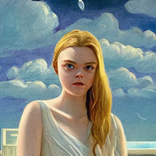 Prompt: Elle Fanning in Santorini at night, head and shoulders portrait, stormy weather, extremely detailed masterpiece, Roger Deakin’s cinematography, illustration, by Edward Hopper,