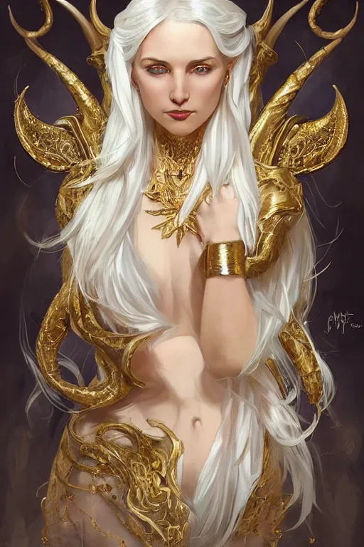 Image similar to fullbody!! of a beautiful woman with white hair, pointy ears, big natural horns on her head, long flowing intricate dress, gold jewellery, dnd, face, fantasy, intricate, elegant, highly detailed, digital painting, artstation, concept art, smooth, sharp focus, illustration, art by artgerm and greg rutkowski and alphonse mucha