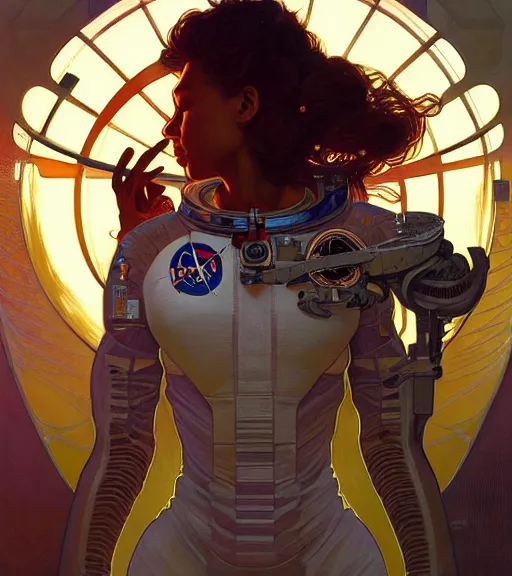 Image similar to psychoslayer, woman astronaut, intricate abstract. being entered by machine, portrait, highly detailed, deep focus, elegant, illuminated, elegant, highly detailed, digital painting, artstation, concept art, smooth, sharp focus, illustration, art by artgerm and greg rutkowski and alphonse mucha