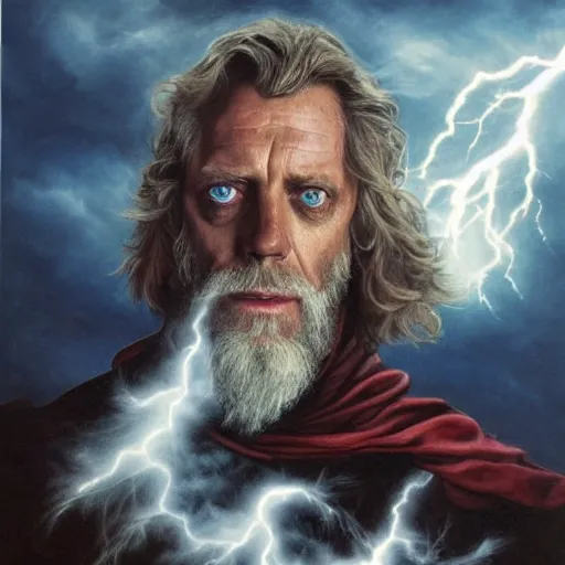 Prompt: hugh laurie as odin, a leather eyepatch covering his left eye, a raven on his shoulder, dark dramatic background, stormy clouds, lightning, very detailed painting by Glenn Fabry