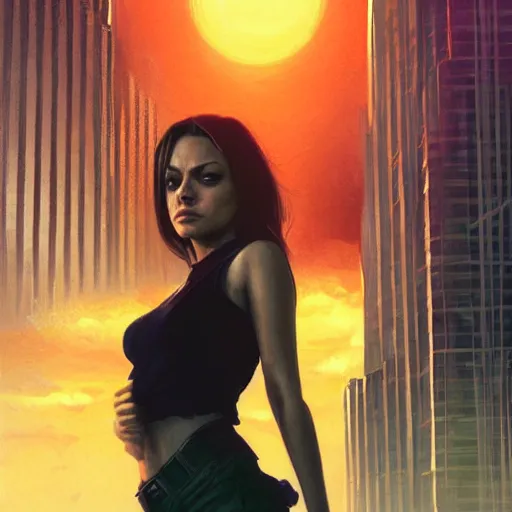 Image similar to portrait of a young mila kunis in front of a cyberpunk city, dramatic light, city background, sunset, high contrast, sharp, painted by stanley lau, painted by greg rutkowski, painted by stanley artgerm, digital art, trending on artstation