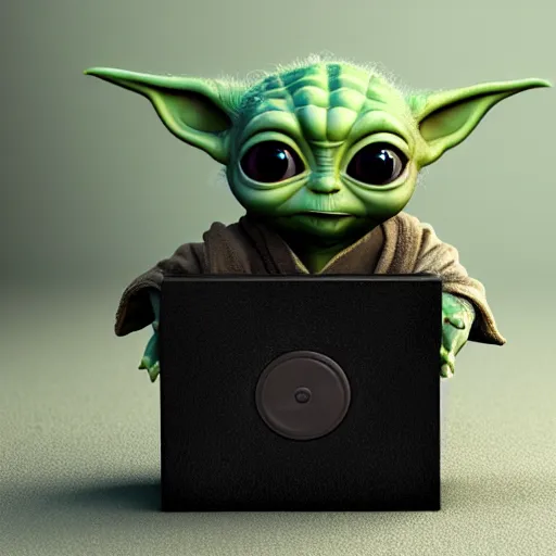 Image similar to baby yoda holding a large black box, award winning, trending on artstation, unreal engine