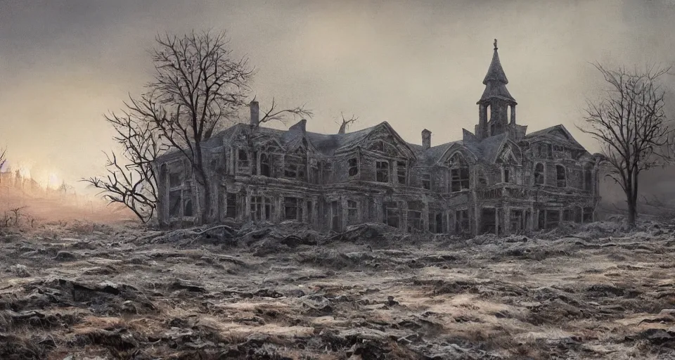 Image similar to landscape painting of a creepy decrepit mansion in the middle of a desolate tundra, post apocalyptic, at dusk, hazy atmosphere, everything is cold and frozen, dramatic lighting
