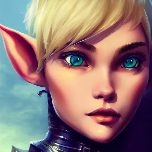 Prompt: close up headshot of a fantasy elf with short blonde hair, small ears and a strong jawline, character art, concept art, painting by Artgerm