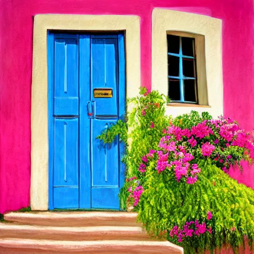 Image similar to painting of a european blue door surrunded by bougainvillea award winning fuzzy