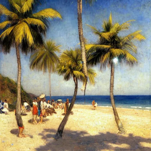 Prompt: a ultradetailed beautiful painting of jericoacoara by jules bastien - lepage, hans belmer, frank weston and gustave baumann, trending on artstation, mediterranean, palm trees, light sparkles, sharp focus, soft light