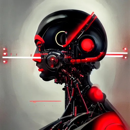 Image similar to potrait of a cyborg with black and red robotic parts, medium shot, asymmetrical, profile picture, organic painting, very anime, during night, matte painting, bold shapes, hard edges, street art, trending on artstation, by huang guangjian and gil elvgren and sachin teng