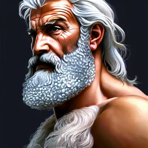 Image similar to painted portrait of rugged zeus, greek god, 4 0 years old, handsome, white hair, soft hair, upper body, muscular, hairy torso, fantasy, intricate, elegant, highly detailed, digital painting, artstation, concept art, smooth, sharp focus, illustration, art by artgerm and greg rutkowski and alphonse mucha