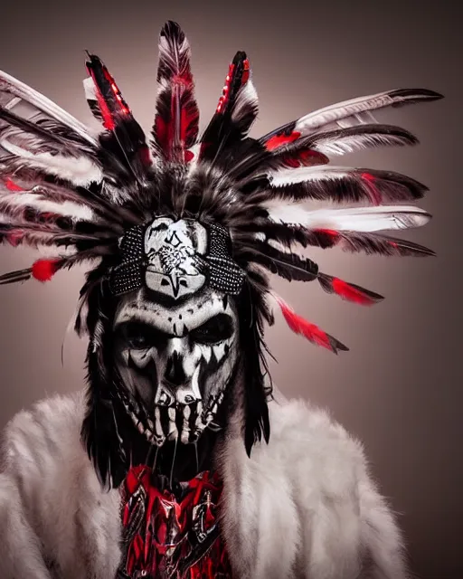 Image similar to the ghost - spirit of the grim - warpaint wears the scarlet skull armor and native blood headdress feathers, midnight fog - mist!, cinematic lighting, various refining methods, micro macro autofocus, ultra definition, award winning photo