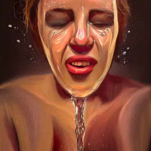 Prompt: woman crying with water on her face, personal painting, light coming from a candle