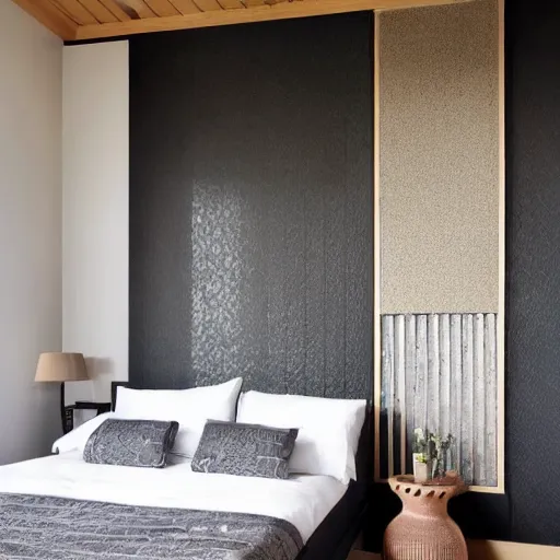 Image similar to bedroom, stone, interior design, stylish luxury hotel bedroom design, yakisugi, black vertical slatted timber, textures, feminine, black walls, art, Japanese pottery vase with flowers, kakejiku, seasonal, Japanese influences