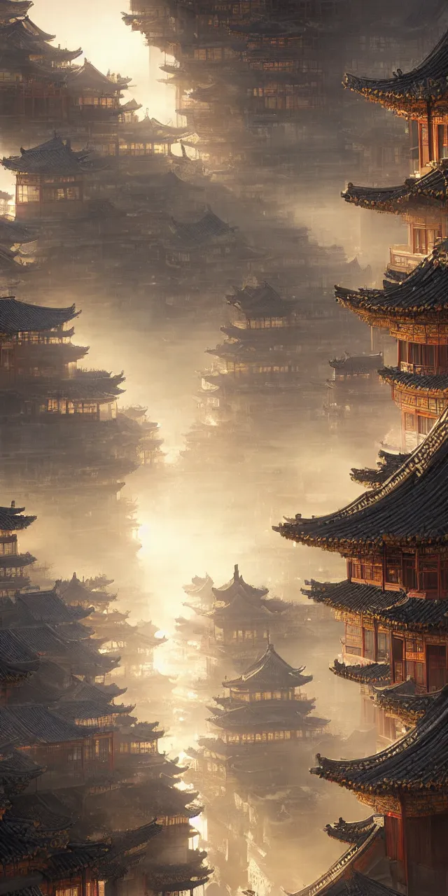 Image similar to a beautiful painting of a ancient big city of china, light effect, unreal engine, super wide angle, by greg rutkowski and yuumei and yanjun chen, trending on artstation