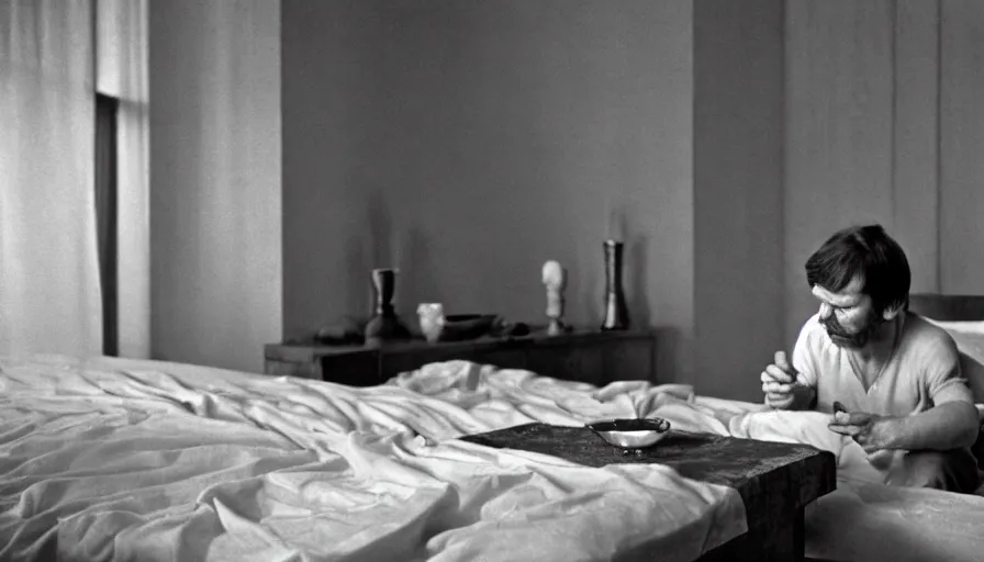 Prompt: 1 9 6 0 s movie still by tarkovsky of an elder socrates drinking a hemlock bowl on a bed in a room with collumns, cinestill 8 0 0 t 3 5 mm b & w, high quality, heavy grain, high detail, panoramic, ultra wide lens, cinematic composition, dramatic light, anamorphic, raphael style, piranesi style