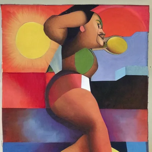 Image similar to fat latin woman dancing, brilliant sunset, cubism, texture, no collage, no pastel