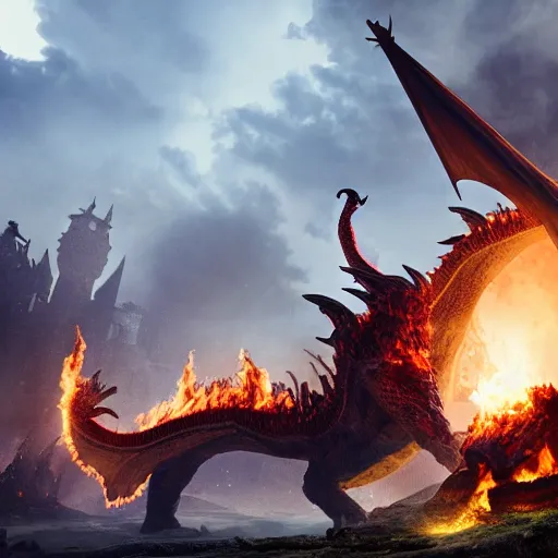 Prompt: An huge dragon burning an viking town, octane render, hyperrealistic, artstation, 8k, fantasy art