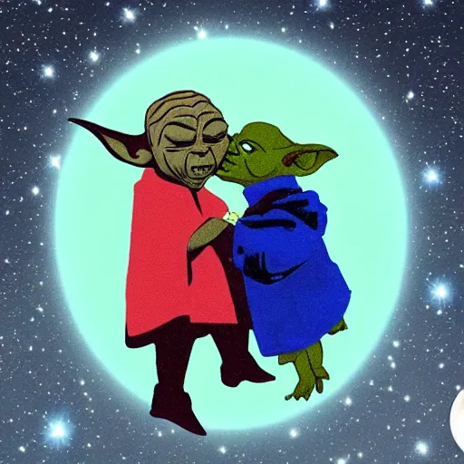 Image similar to yoda and obama kissing under the night sky