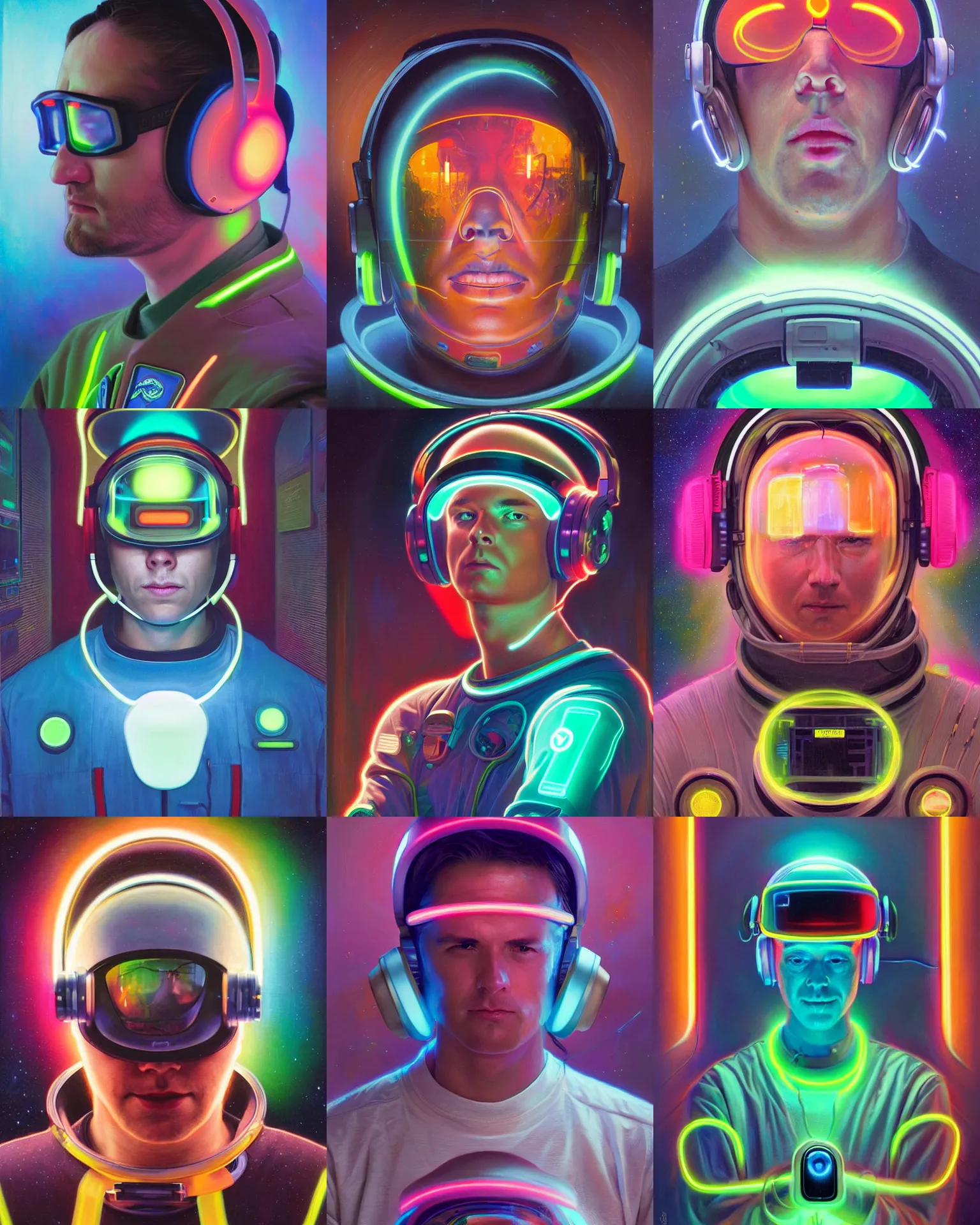 Prompt: future coder, glowing visor over eyes and sleek neon headphones, neon accents, desaturated headshot portrait painting by donato giancola, dean cornwall, rhads, tom whalen, alex grey, alphonse mucha, astronaut cyberpunk electric fashion photography