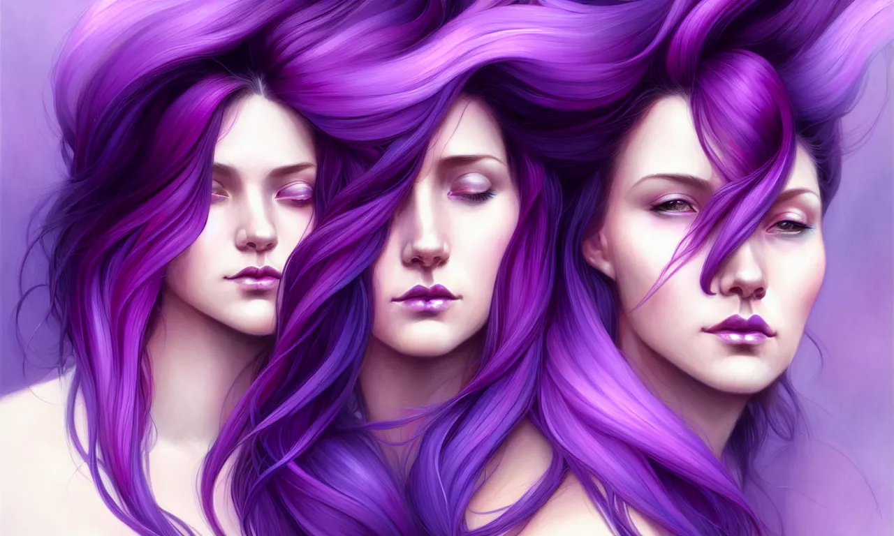 Image similar to Purple hair relistic Portrait of a two woman with bright colored flying hair, all shades of purple. Beauty face, Hair coloring, fantasy, intricate, elegant, highly detailed, digital painting, artstation, concept art, smooth, sharp focus, illustration, art by artgerm and greg rutkowski and alphonse mucha