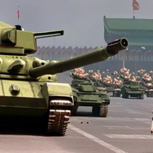 Prompt: metal slug tank at tiananmen square massacre news footage