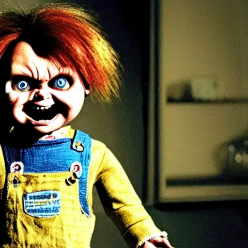 Prompt: Chucky the killer doll standing in a dark room holding a knife, scary lighting