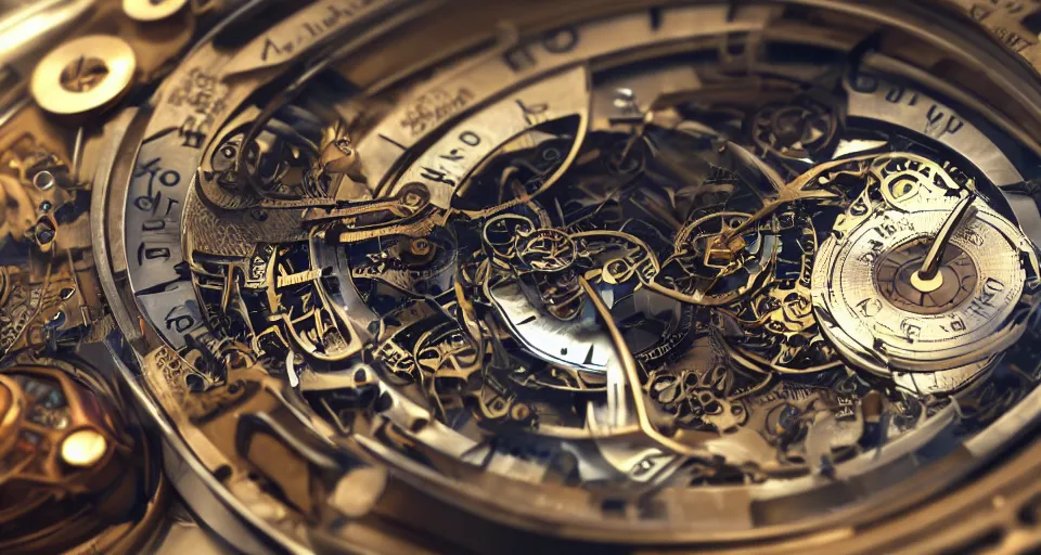 Prompt: a futuristic steampunk watch lying on a table, high detail, sharp focus, depth of field, bokeh, cinematic lighting and composition, by syd mead and greg rutkowski and android jones