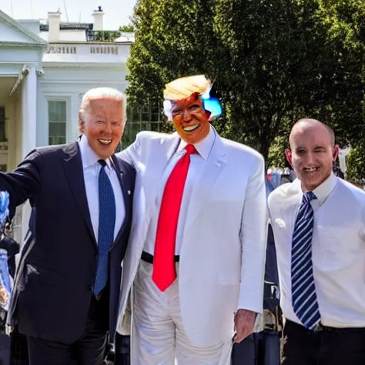 Image similar to donald trump poses with joe biden lookalikes in front of the white house as a protest, sunny day, detailed, detailed faces