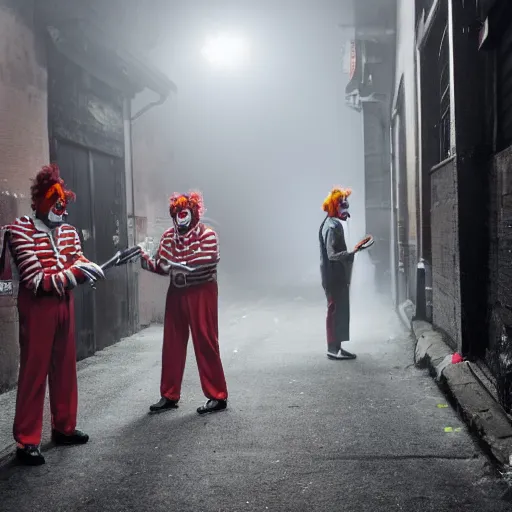 Image similar to a group of men dressed as clowns putting on makeup in a dark foggy alley