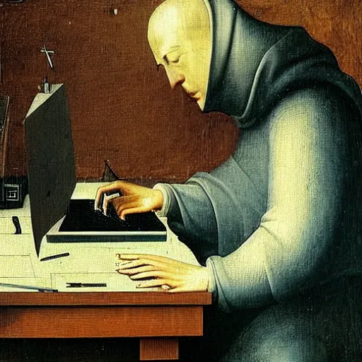 Prompt: a computer hacker working at his desk by hieronymus bosch, highly detailed, realistic