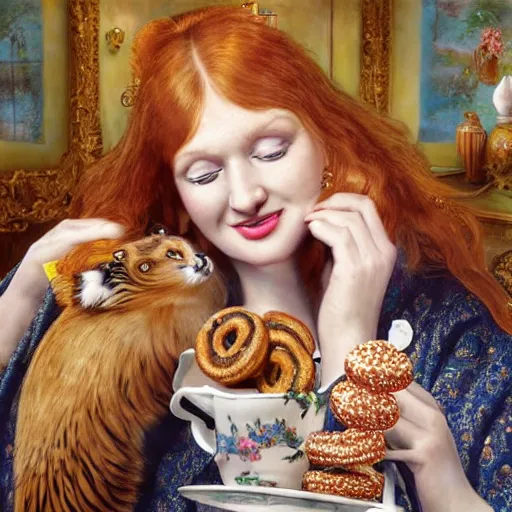 Image similar to a stunning hyper-detailed photorealistic painting of only one slender beautiful smiling woman with long ginger hair and bangs, wearing a luxurious silk robe, wearing headphones and posing with her large ginger tabby cat and her raccoon and parrots in an overstuffed easy chair in her sunlit victorian living room, holding a porcelain parrot-shaped coffee mug and a donut, perfect eyes, fashion photography, cinematic lighting, octane render, IBEX Masters, unreal engine, 85 mm lens, paisley wallpaper