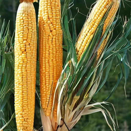 Prompt: cobs of corn, gorwing on a pine tree