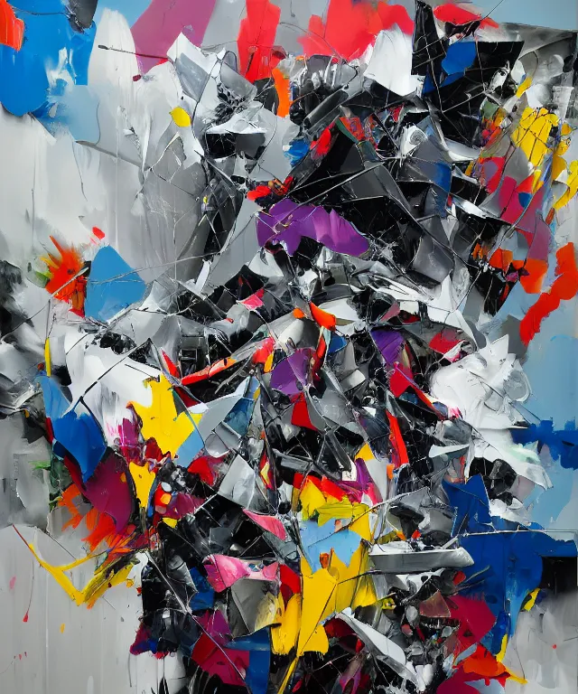 Image similar to acrylic and spraypaint portrait of origami frank gehry architecture, roosters fighting, graffiti wildstyle, explosions, large brush strokes, painting, paint drips, acrylic, clear shapes, spraypaint, smeared flowers, large triangular shapes, painting by totem 2, ashley wood, jeremy mann, masterpiece