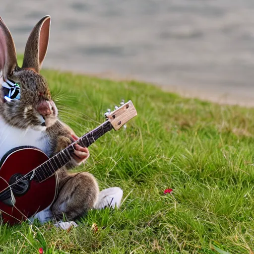 Prompt: a rabbit playing a guitar sitting on a beach in Sweden