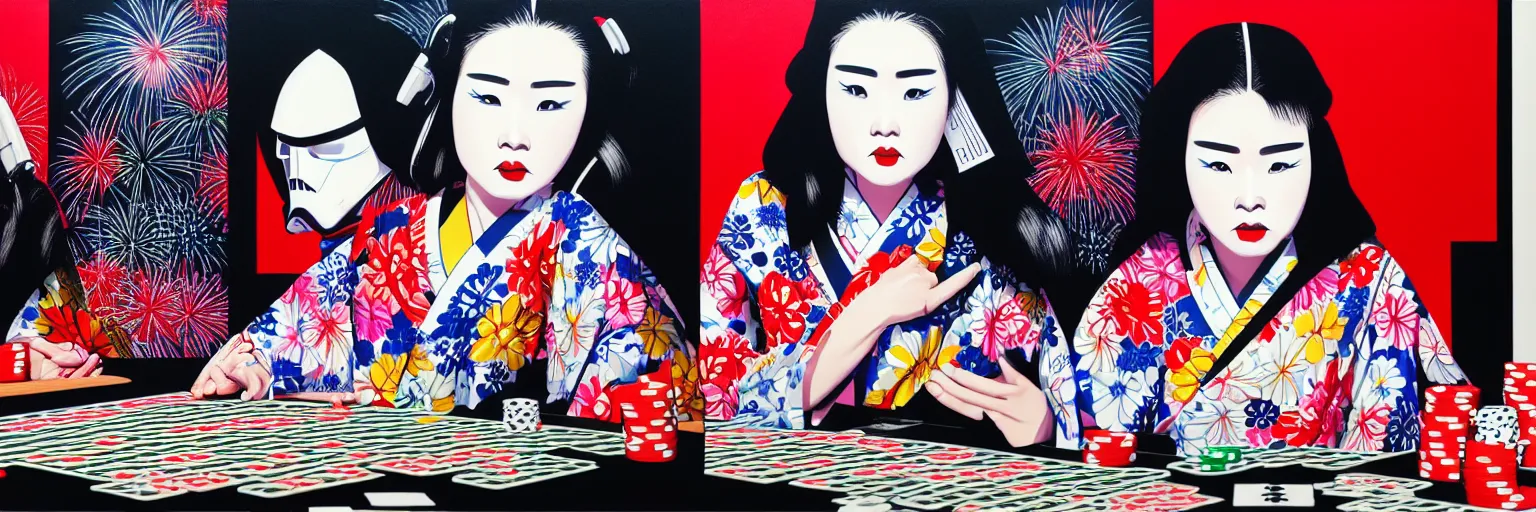 Image similar to hyperrealism composition of the detailed woman in a japanese kimono sitting at an extremely detailed poker table with darth vader and stormtrooper, ( ( r 2 d 2 ) ), ( ( c 3 po ) ), fireworks on the background, pop - art style, jacky tsai style, andy warhol style, acrylic on canvas