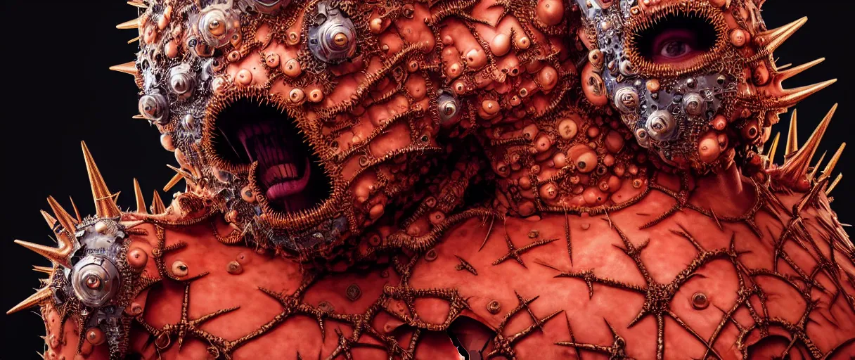 Image similar to hyperrealist highly detailed english medieval portrait of high fashion monster wearing spikey lopsided wired mecha armor, radiating atomic neon corals, veiny network growth with fungal pattern, concept art pascal blanche dramatic studio lighting 8k wide angle shallow depth of field