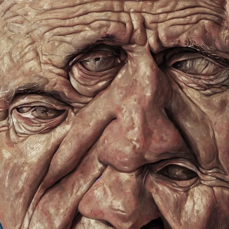 Prompt: close up studio portrait of aging old Joe Biden age 103 wrinkled sad, impasto oil painting by Lucian Freud and Ron Mueck, trending on artstation Studio lighting Expressionism