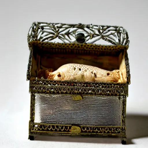 Prompt: a photo of a music box made out of chicken wire