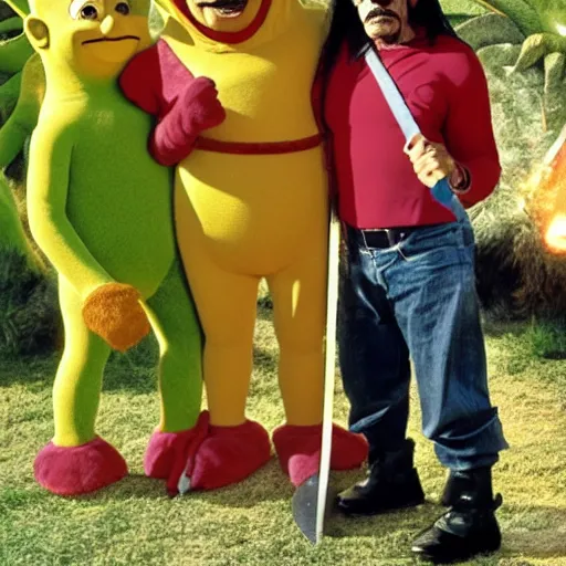 Image similar to Danny Trejo with machete appears in teletubbies