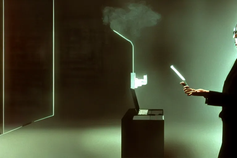 Prompt: an artificial intelligence smoking a cigarette behind a computer screen, beautiful lighting, high depth, ultra realistic, artistic, by annie leibovitz and the matrix