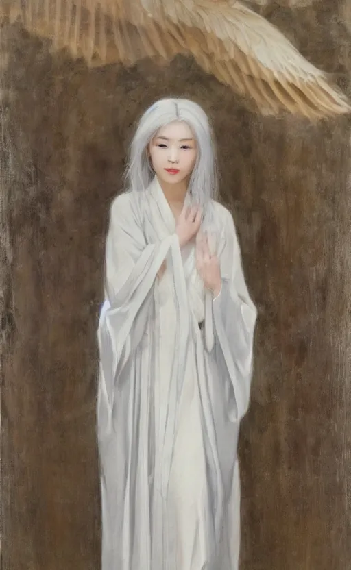 Image similar to angelic beauty with silver hair so pale and wan! and thin!?, flowing robes, covered in robes, lone pale korean goddess, wearing robes of silver, flowing, pale skin, young cute face, covered!!, clothed!! lucien levy - dhurmer, jean deville, oil on canvas, 4 k resolution, aesthetic!, mystery