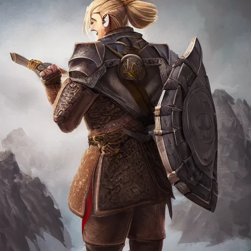 Prompt: full body rear side portrait of a muscular, ponytail haired blonde man in his late 30's with only one arm armored, wearing a thick brown leather coat, looking to his side, DnD character, fantasy character, digital art by Donglu Yu
