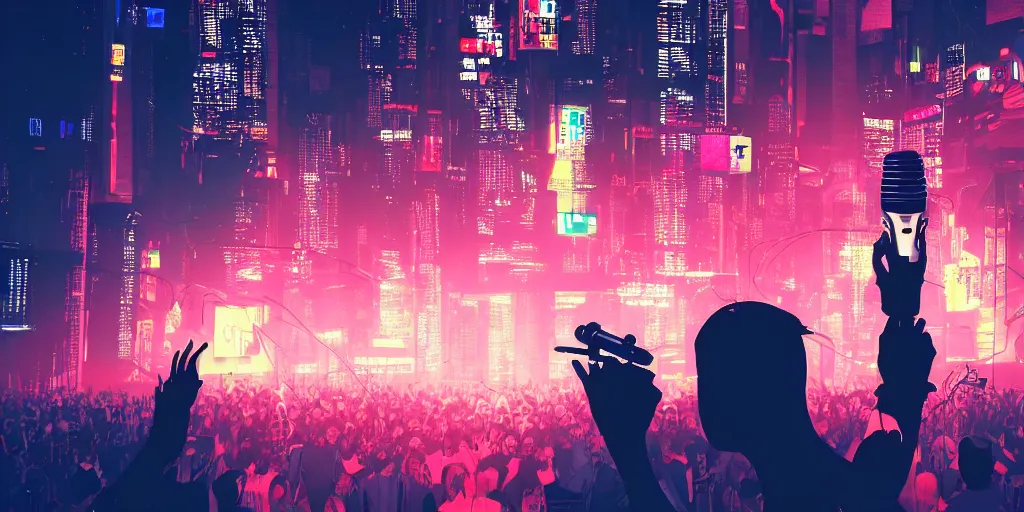 Prompt: rapping into microphone, silhouette, huge crowd, cyberpunk, hip hop, digital art, outrun, neon lights, trending on Artstation, professional artist, detailed, 4k