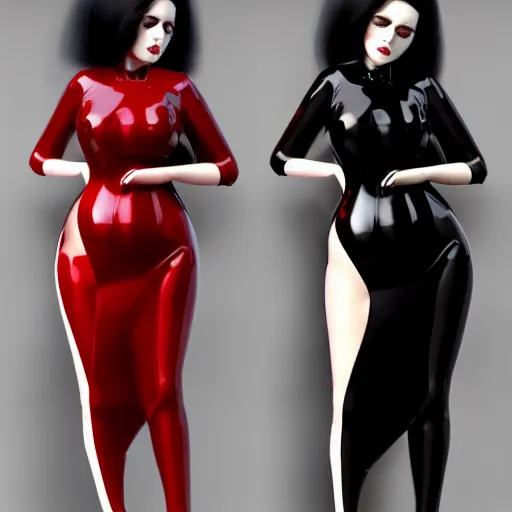 Image similar to a curvy pale goth woman wearing an elegant modest tight shiny red-black striped latex high-neck dress, cgsociety, photorealistic, sublime-cool-hot-hyperadvanced, 16k, smooth, sharp focus, trending on ArtStation, volumetric lighting, fully clothed, thin waist