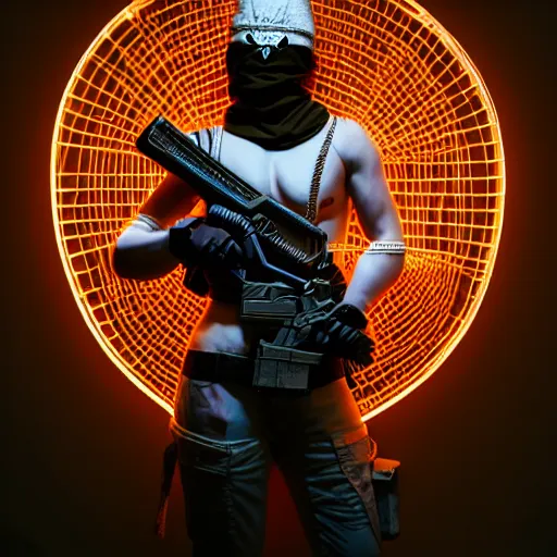 Image similar to cupid wearing balaclava mask, holding a gun an ultrafine hyperdetailed illustration by kim jung gi, irakli nadar, intricate linework, neon wiring, porcelain skin, unreal engine 5 highly rendered, global illumination, radiant light, detailed and intricate environment h 6 4 0