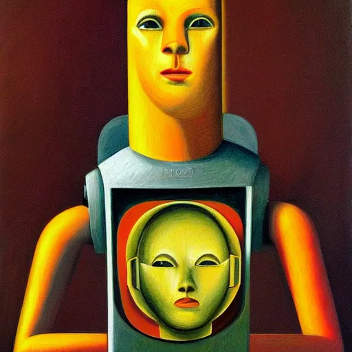 Image similar to super - intelligent robot with kind eyes portrait, grant wood, pj crook, edward hopper, oil on canvas