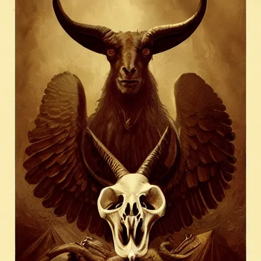 Image similar to baphomet with goat horns holding an animal skull, style of da vinci, horror, fantasy illustration, by greg rutkowski