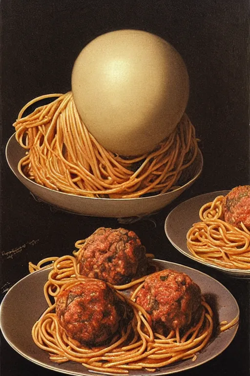 Image similar to plate of spaghetti and meatballs in the style of wayne barlowe, gustav moreau, goward, bussiere, roberto ferri, santiago caruso, luis ricardo falero, dali